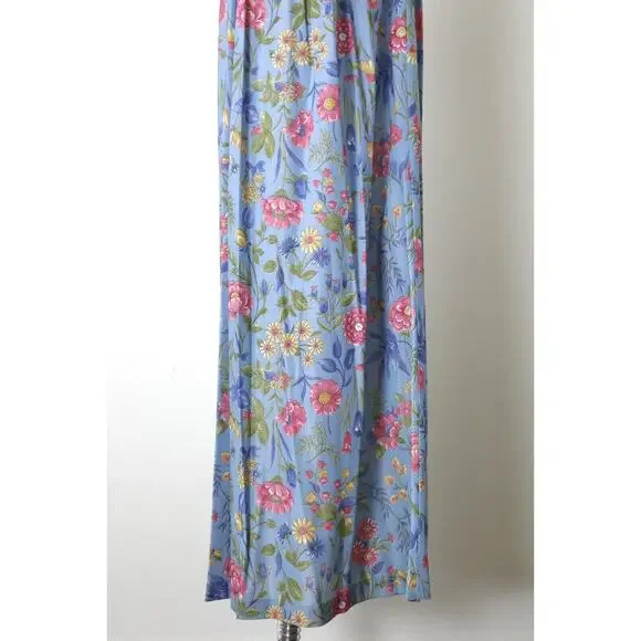 Vintage 1970s Prairie Floral Maxi Dress Flutter Sleeve Empire Waist Tie Blue - Picture 3 of 12